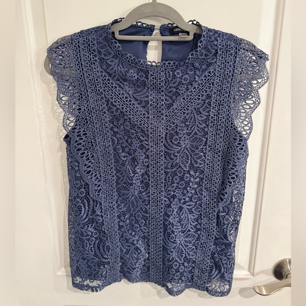 Cable & Gauge Blue Lace Cap Sleeve Blouse
